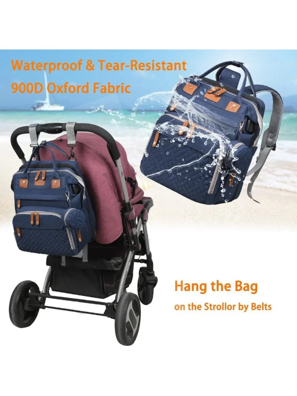 Stylish Waterproof Baby Diaper Bag Backpack with Changing Station & USB Port